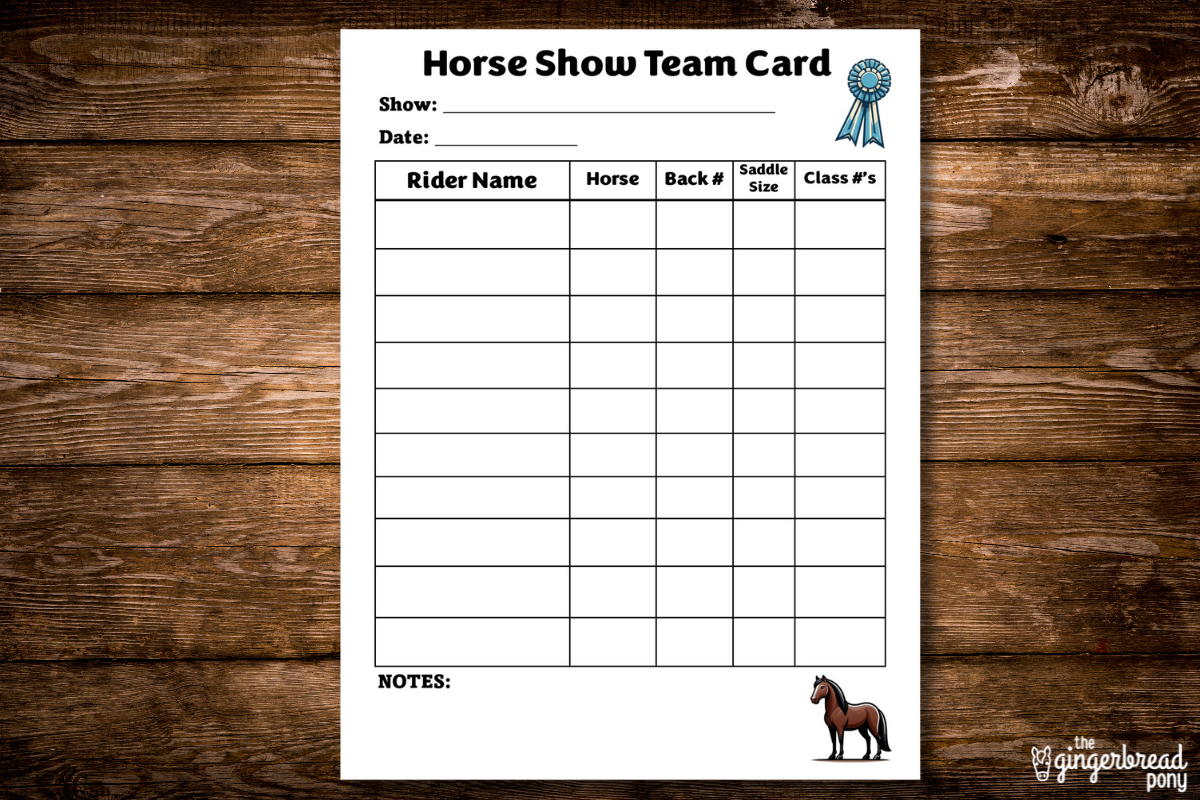 Horse Show Team Card Printable