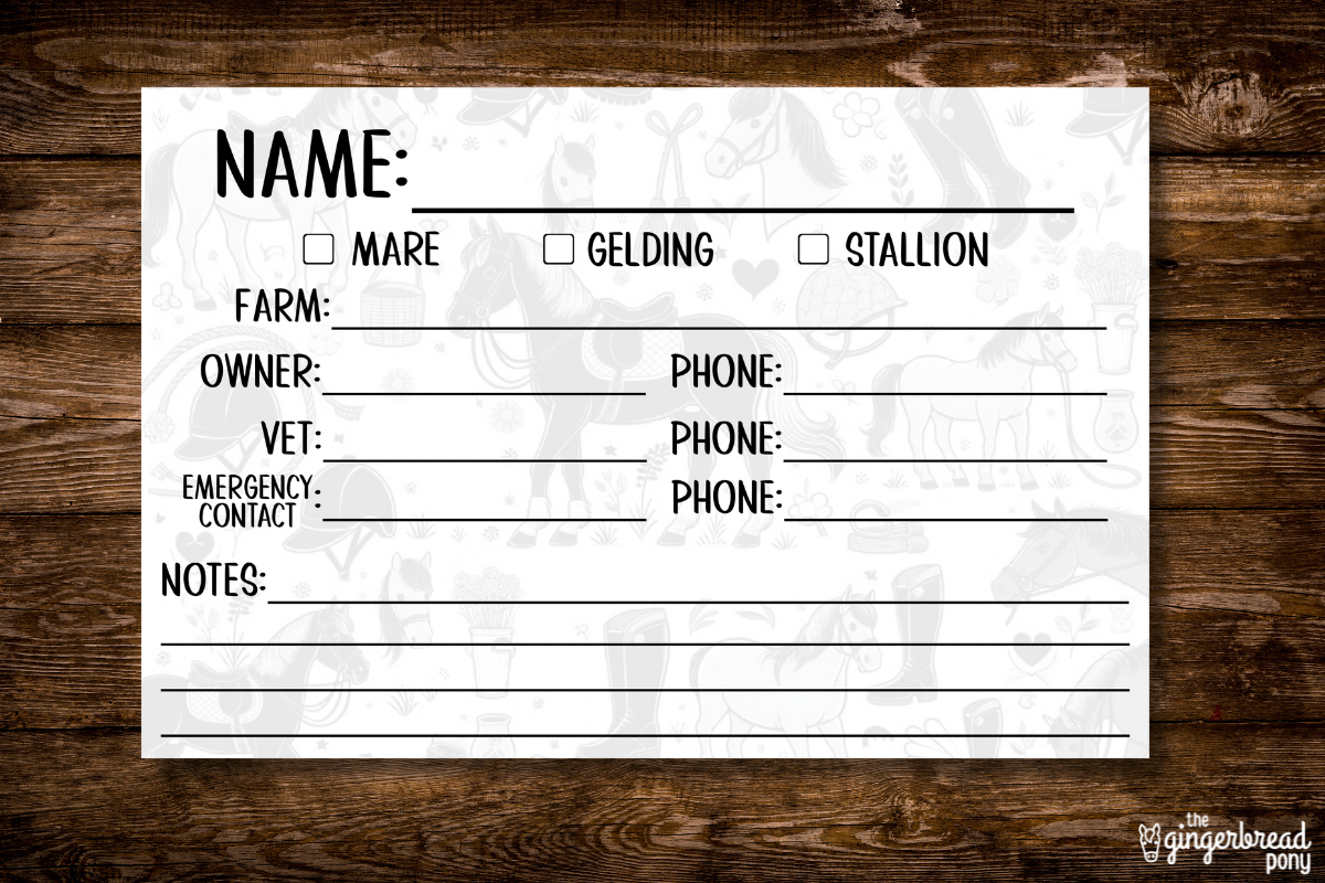 Horse Stall Info Card Printable Form