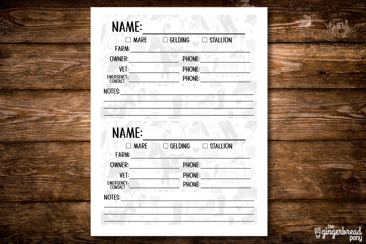 Horse Stall Info Card Printable Form