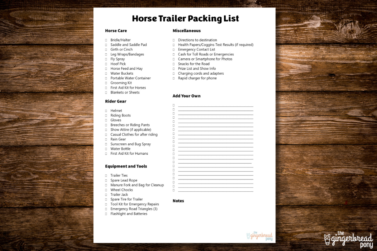 Horse Trailer Printable Packing List Checklist